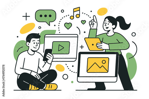 Dynamic Digital Media. Media Consumption Habits. Wide view of digital media environment with multiple devices and floating abstract geometric content icons,