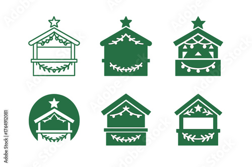 Festive Logo Variations. Christmas market and festive decorations. Set Logo of Christmas market and festive decorations: a wooden chalet stall draped with