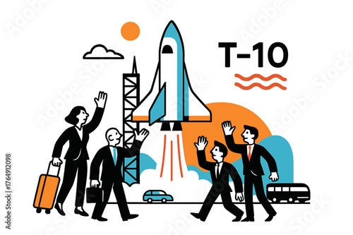 Futuristic Rocket Launchpad. Suborbital Launch Pad. Passengers in sleek suits wave as the rocketplane hums; countdown digits ?T?? float beside rippling exhaust