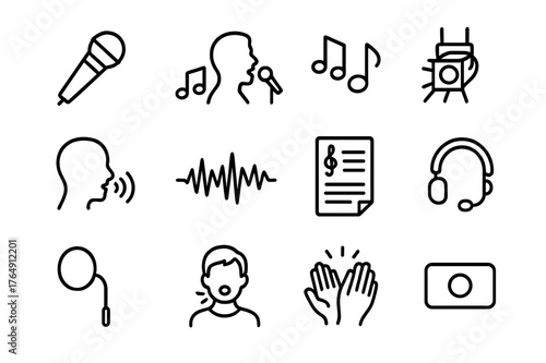 Vocal Icons Collection. Vocal Performance. Line icon set of Vocal Performance: microphone, singer silhouette, music notes, stage light, vocal warmup, sound