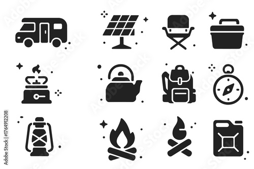 Campsite Icons Collection. Campsite and Vanlife Nomads. Solid icons set of Campsite and Vanlife Nomads: camper van, solar panel, foldable chair, portable