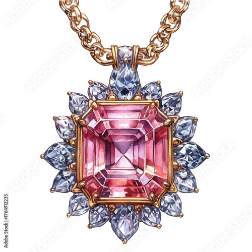 Morganite Necklace, watercolor drawing vector, isolated on a white background.