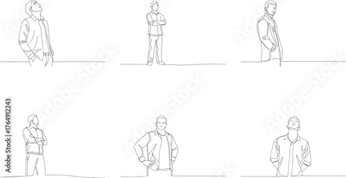 Continuous line drawing of various business man poses in minimalist style standing looking confident and relaxed for corporate branding and design