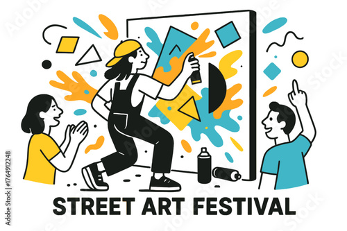 Vibrant Mural Creation. Street Art Festivals. Artist spray-painting a colorful mural on a wall with floating abstract geometric shapes and vibrant paint