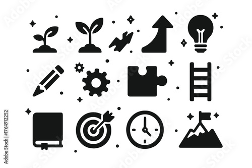 Resilience Icons Set. Resilience. Solid icons set of Resilience: seedling, plant sprout, upward arrow, light bulb, broken pencil, gears, puzzle piece, ladder,