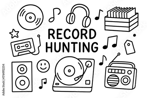 Record Hunting Doodles. Record hunting. Hand-drawn doodle illustration record hunting vinyl, record player, headphones, note symbol, crate of records, star,