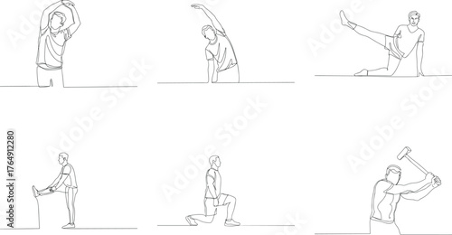Continuous line drawing of athletic men stretching and exercising for fitness and health in different poses on white background