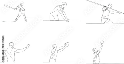 Line art illustration of athletes practicing different sports minimal design for web or print one line drawing concept baseball rugby javelin throwing