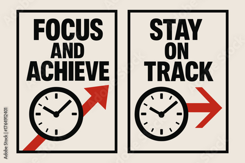 Focus and Achieve Banners. Focus and achieve. Two vertical A6 banners with safe margins, centered composition, no elements touching edges, brutalist, black and