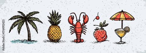 여름 휴가를 연상시키는 파인애플, 랍스터, 딸기, 야자수 및 칵테일 아이콘 모음