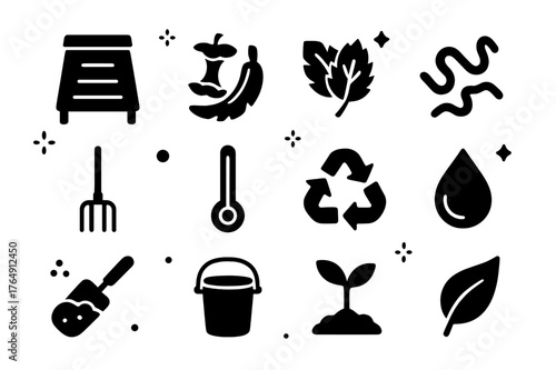 Composting Icons Grid. Composting Systems. Solid icons set of Composting Systems: compost bin, food scraps, leaves, worms, pitchfork, thermometer, recycle