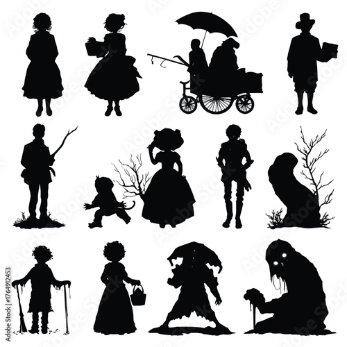 Collection of spooky boo silhouettes for halloween decorations and designs isolated on white background