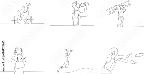 Single continuous line drawing of people exercising and playing different sports minimalist design style vector illustration for healthy lifestyle concept and design elements