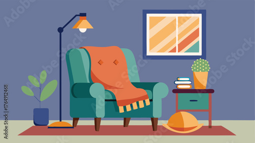 A cozy reading nook with a vintage armchair modern floor lamp and a patterned throw blanket.