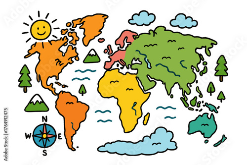 Colorful Continental Map. continental map. Colorful Hand-drawn doodle Children illustration continental map globe, continents, Africa, Asia, Europe, North