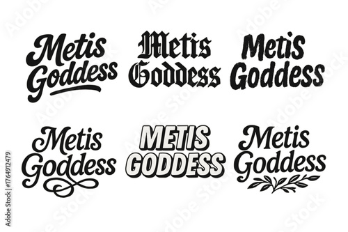 Metis Lettering Variations. Metis Goddess. Set lettering. harmonious lettering variations of the same emblematic concept (Bold hand-lettering with playful