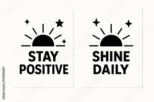 Stay Positive Sunrise. Positivity. Two vertical A6 banners with safe margins, centered composition, no elements touching edges, flat vector design, black and