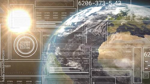 Opening sun and Earth initiating HUD panels fading in and globe rotating westward for data tracking