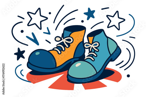 Playful Clown Shoes. Clown shoes. Colorful clown shoes on circus floor with abstract floating stars and motion lines; conveys festive humor, playfulness, and
