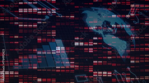 Red beige data strips parting revealing rising bars while globe emerging circuits linking analytics