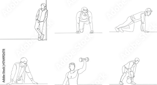 Continuous Line Drawing Demonstrating Various Human Activities and Fitness Exercises on a White Background Illustration