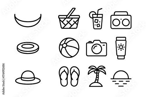 Summer Leisure Icons. Summer Leisure. Line icon set of Summer Leisure: hammock, picnic basket, iced tea glass, portable speaker, frisbee, beach ball, camera,