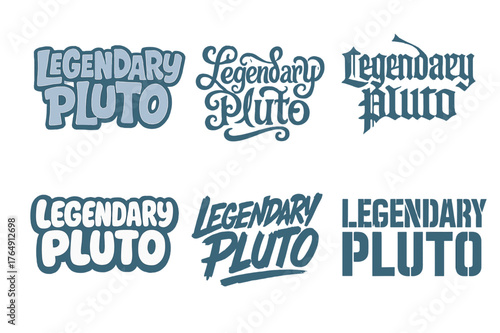 Pluto Lettering Variations. Legendary Pluto. Set lettering. harmonious lettering variations of the same emblematic concept (Funky cartoon-style lettering,