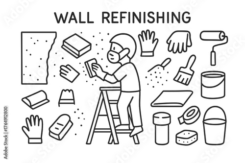 Wall Refinishing Doodles. Wall Refinishing. Hand-drawn doodle illustration Wall Refinishing wall, sandpaper, sanding block, person, ladder, gloves, mask, dust