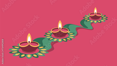 Three lit diyas placed on a green and yellow decorative design against a pink background illustration