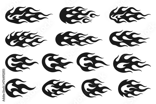 Set of black flame icons in tattoo style. Fire vector symbols for car design, biker logo, or graphic art.