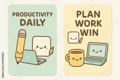 Kawaii Productivity Banners. Productivity daily. Two vertical A6 banners with safe margins, centered composition, no elements touching edges, kawaii, pastel