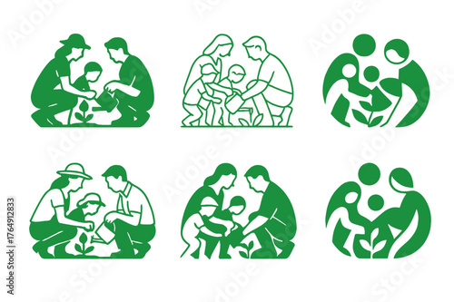 Harmonious Garden Logos. A family spending time outdoors, tending to their garden or yard. Set Logo of A family spending time outdoors, tending to their garden