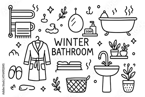 Winter Bathroom Essentials. Winter Bathroom. Hand-drawn doodle illustration Winter Bathroom heated towel, towel warmer, radiator, bathrobe, slippers, steam,