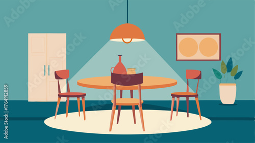 A dining room with a round table mismatched wooden chairs and a statement pendant light.