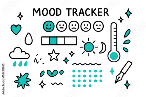 Colorful Mood Tracker Icons. // Mood tracker. Hand-drawn doodle illustration Mood tracker [emoji row (accented), color key swatch (accented), thermometer style