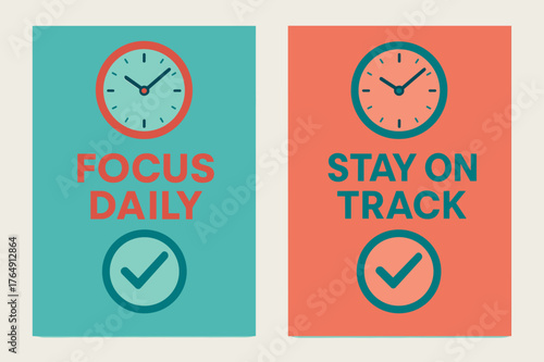 Focus & Stay On Track. Focus daily. Two vertical A6 banners with safe margins, centered composition, no elements touching edges, modern, turquoise and coral,