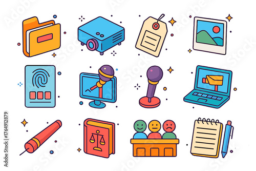 Isometric Courtroom Evidence Icons. Courtroom evidence presentation. Colorful isometric vector icons set of Courtroom evidence presentation: evidence folder,