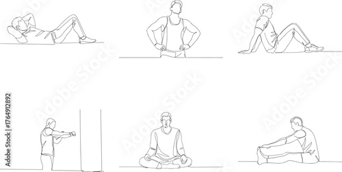Continuous Line Art of Men Engaging in Various Exercises and Fitness Activities for Health and Wellness