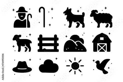Shepherding Icon Set. Shepherding. Solid icons set of Shepherding: shepherd, staff, sheepdog, sheep, lamb, fence, hill, barn, hat, cloud, sun, bird. Filled