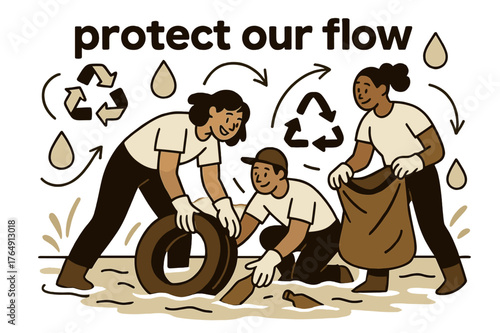 River Cleanup Effort. River Ecosystem ? River Cleanup. Volunteers lift debris with gloved hands; floating icons of recycling and water drops circle around.