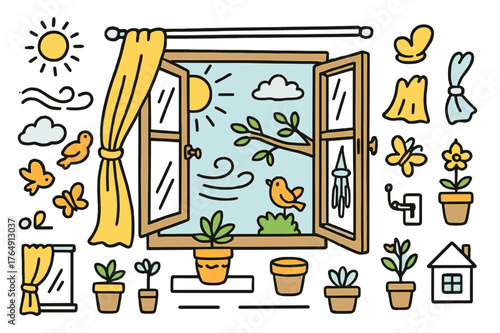 Sunny Window View. Window view. Hand-drawn doodle illustration open window (colored), curtain (colored), sunlight (colored), breeze lines (colored), tree