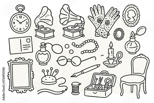 Vintage Treasures Icons. Vintage treasures. Hand-drawn doodle illustration vintage treasures pocket watch, gramophone, lace gloves, brooch, perfume bottle,