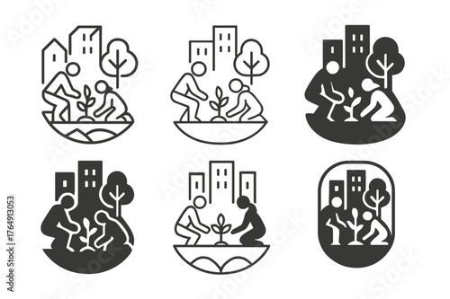 Urban Sustainability Logos. Urban sustainability. Set Logo of Urban sustainability: community pocket park with people planting. Icon set. harmonious logo