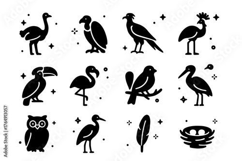 Savanna Birds Icons. Savanna Birds. Solid icons set of Savanna Birds: ostrich, vulture, secretary bird, crowned crane, hornbill, flamingo, weaver bird, stork,