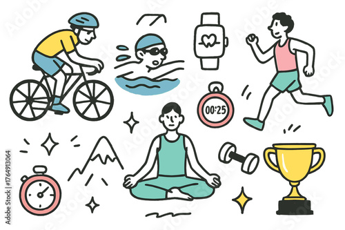 Active Lifestyle Doodles. Sports Mode. Hand-drawn doodle illustration cycling (colored), swimming, running figure (colored), smartwatch, stopwatch (colored),