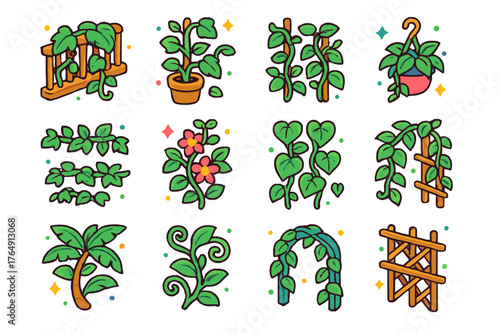 Colorful Garden Vines. Garden decor. Colorful isometric vector icons set of garden decor: balcony vine, potted vine, climbing vine, hanging vine, ivy vine,