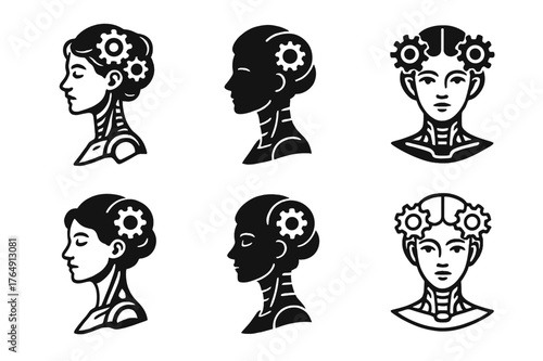 Futuristic Logo Variations. Art in science fiction and speculative fiction. Set Logo of Art in science fiction and speculative fiction: Mechanical muse.