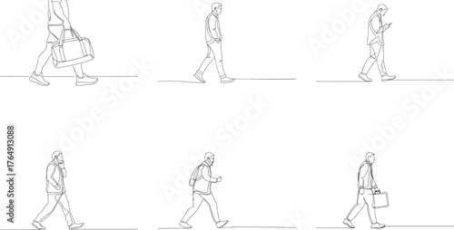 Continuous Line Drawing of People Walking in Various Poses and Actions Minimalist Design Modern Illustration