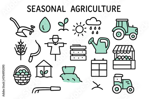 Seasonal Farming Icons. // Seasonal agriculture. Hand-drawn doodle illustration Seasonal agriculture [plow, seed (accented), sprout, watering can (accented),