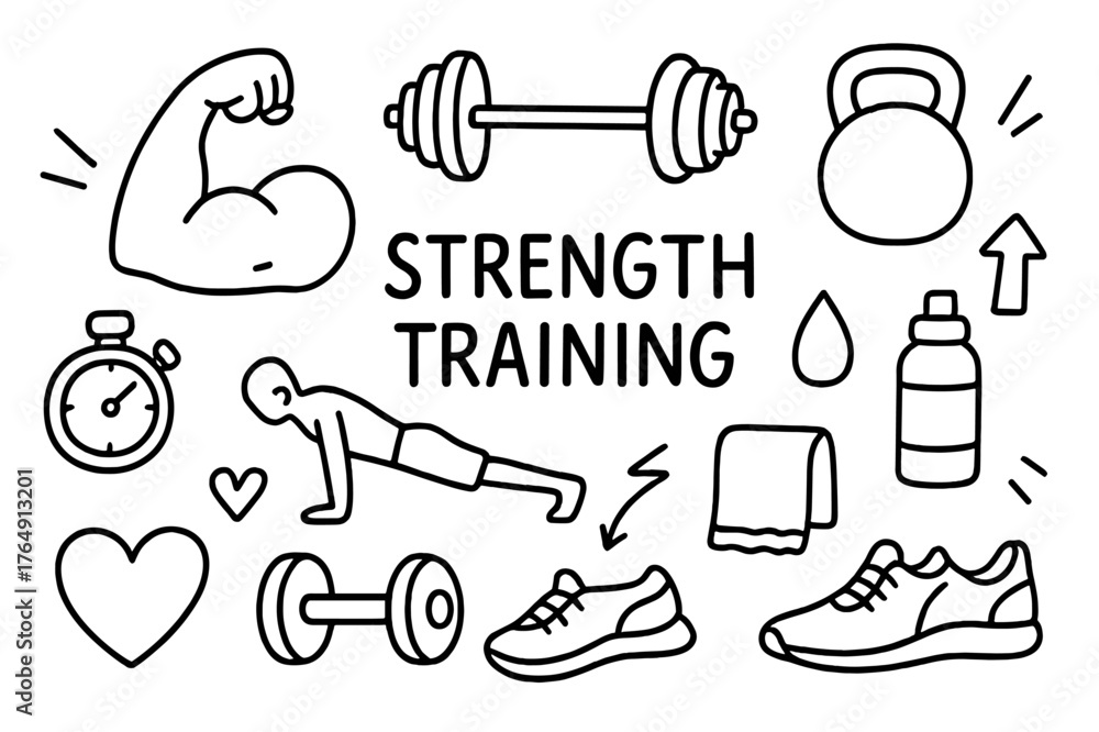 Obraz premium Strength Training Doodles. Strength training. Hand-drawn doodle illustration strength training flexed arm, barbell, kettlebell, push-up figure, stopwatch,